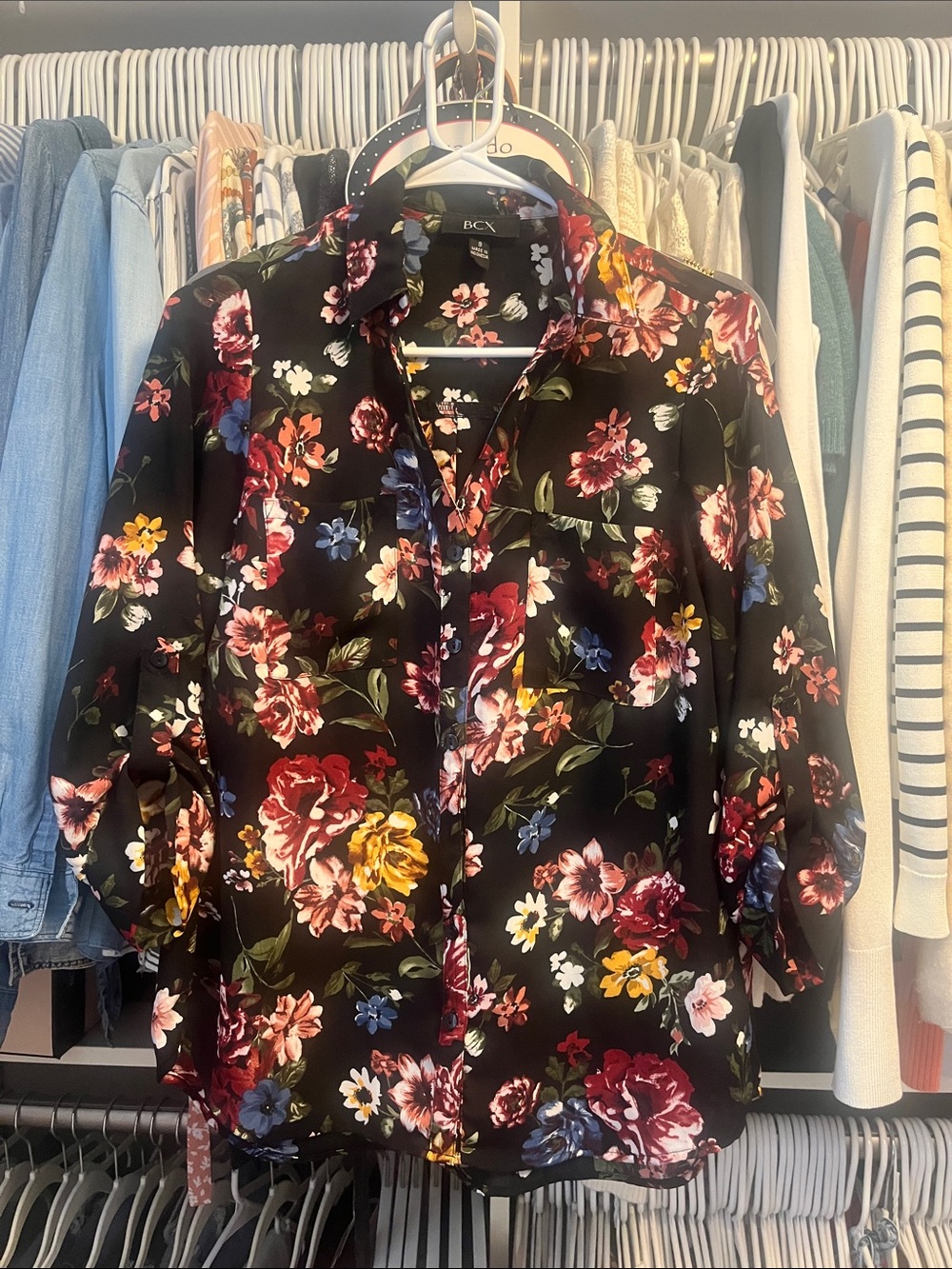 BCX Black Floral Button-Down Blouse with Red, Yellow, Pink & Blue Blooms